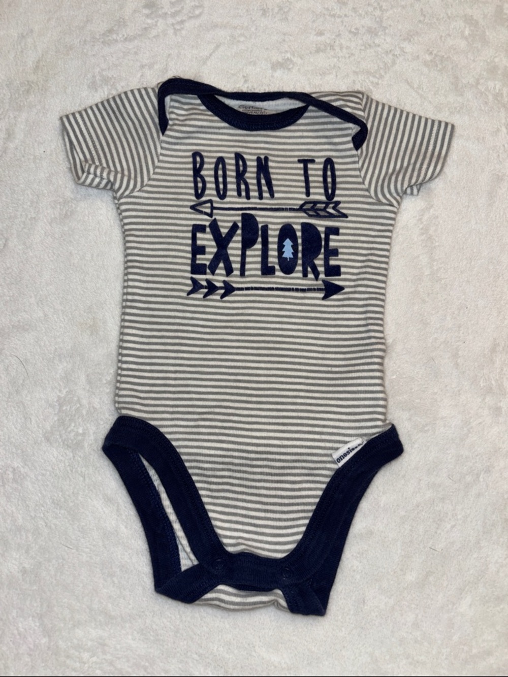 (3 for $10) Gerber Born to Explore Navy & Gray Striped Baby One-Piece